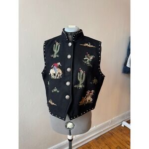 Vintage Valencia Western Embroidered Wool Vest – Studded Cowboy & Cactus